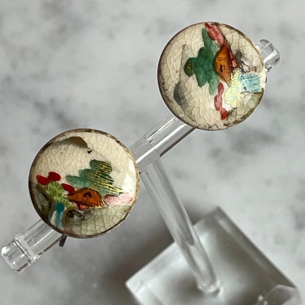 Vintage Hand Painted Porcelain Japanese Scene Clip Earrings